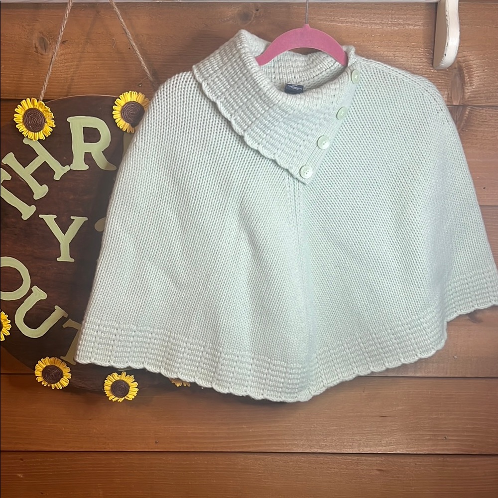 Vintage Gap Lambs Wool Mint Green Knit Cape Poncho Button Collar Roll Hem Y2K